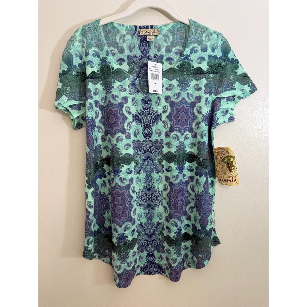 NWT One World Blouse Womens Medium Green Blue Print Pullover Top Scoop Glitter